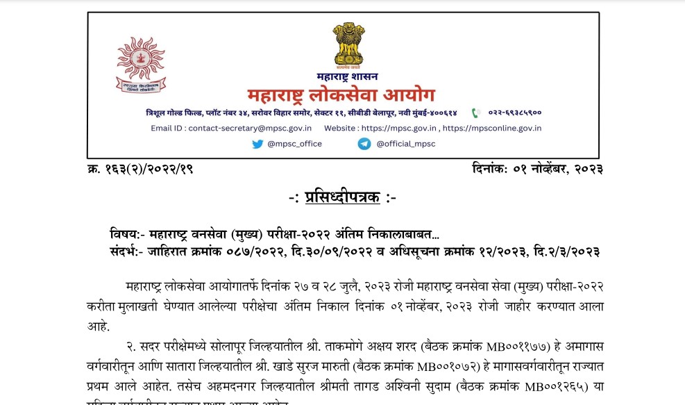 Maharashtra MPSC Forest Services 2022 result